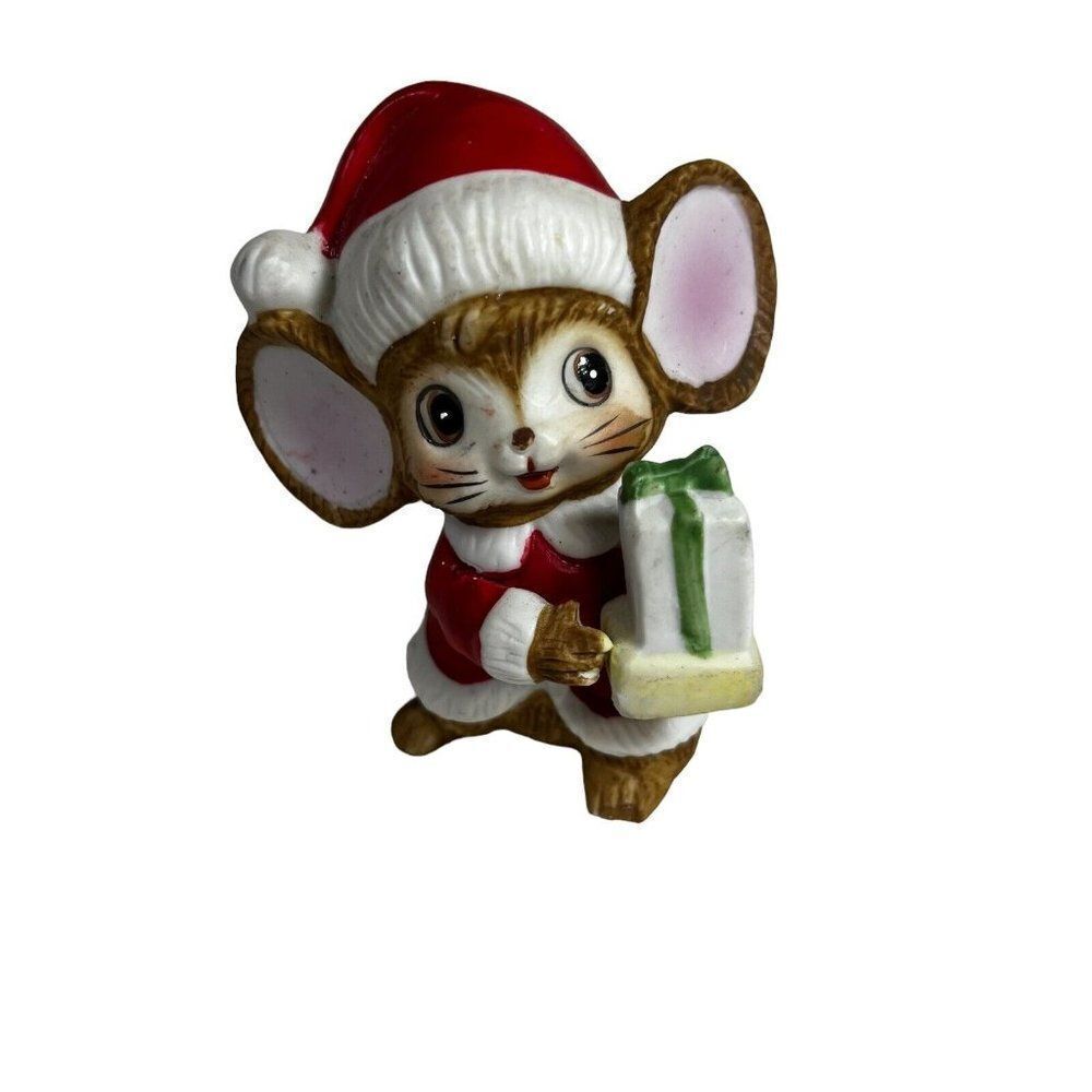 Small mouse, Christmas figurine Homco Vintage Santa Hat Present Anthropomorphic